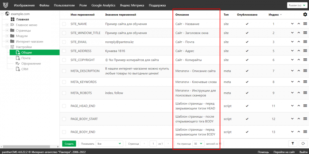 Описание переменных