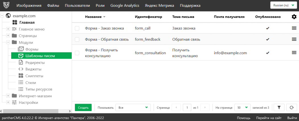 Шаблоны писем